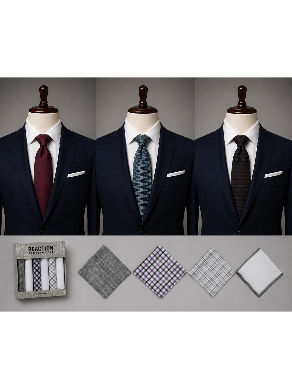 Kenneth Cole Reaction Silk Tie Lot + Handkerchief Set Burgundy Teal Striped 6-pc